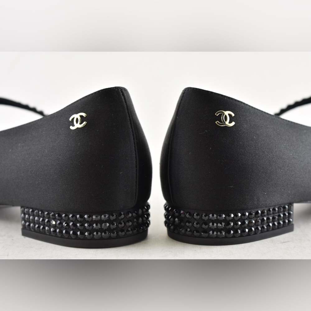 Chanel 24B Black Silk Crystal CC Logo Mary Jane Strap Ballerina Ballet Flat 38.5 - Picture 14 of 15